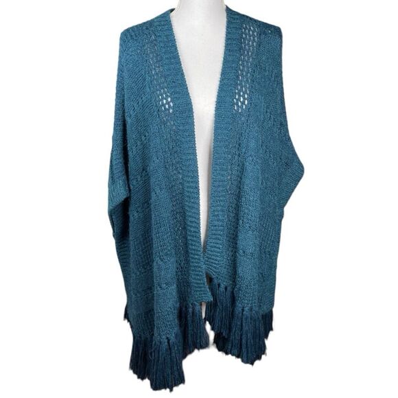 Nanette Lepore Alpaca Wool Blend Blue Fringe oversized Cardigan Sweater Sz XS/S - Picture 2 of 8